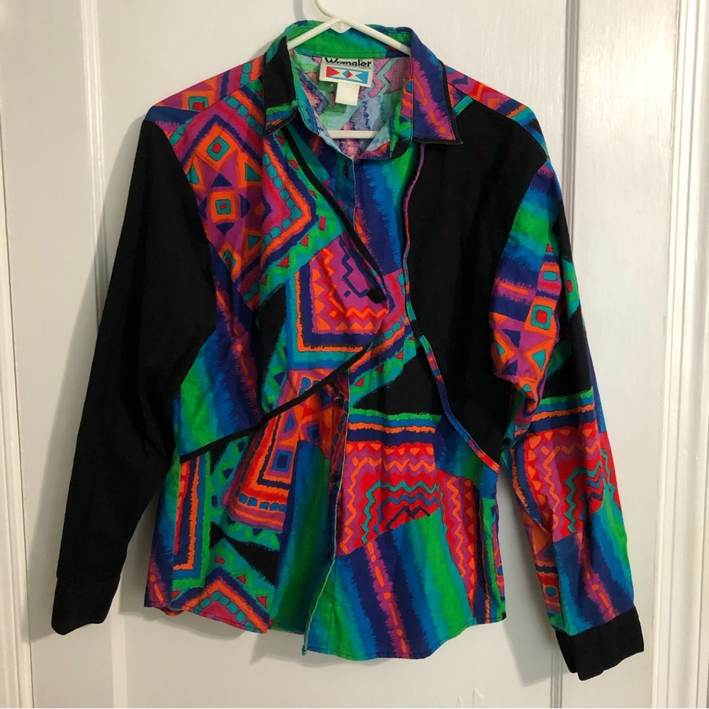 Vintage Wrangler 90s black and neon collared shirt